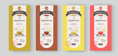 Label tea branding. Drink packaging stickers design. Food background banner for modern product with organic leaves and flowers. Hot beverage cup silhouette. Vector package tags pattern