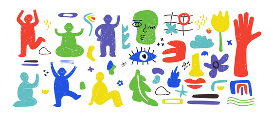 Naklejka na ściany i meble Abstract shapes and people. Cute doodle faces and geometry blobs, flowers and leaves with scribble silhouettes. Colorful strange characters in different poses, vector isolated illustration