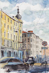 Saint Petersburg street illustration, summer day in the town, watercolor