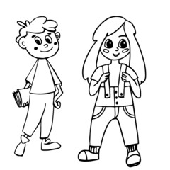 Coloring book, happy children set. Children are reading. Cartoon kids learning - girl and boy - coloring page - illustration for children. Coloring for children and adults.