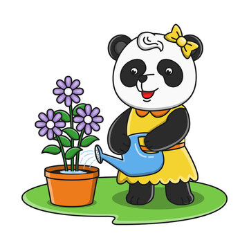 Cute cartoon panda watering flowers design illustration vector