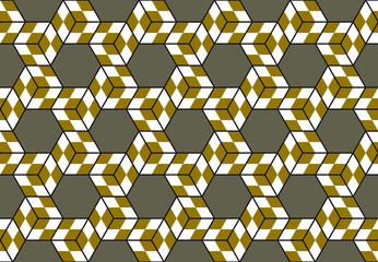 Abstract 3d effect cube shapes with gold and white checked sqaures wrap around hexagons in a repeating geometric pattern on a dark gray background, vector illustration