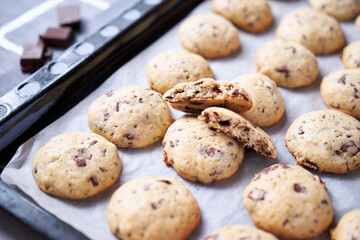Chocolate chip cookies on baking tray at domestic kitchen