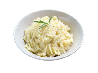 Mashed potatoes in bowl isolated on white background.