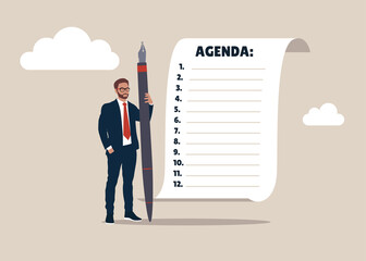 Entrepreneur holding holding pen thinking about agenda of a meeting with few items.
