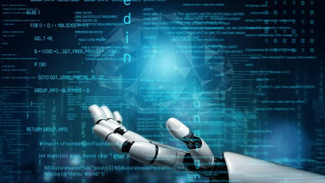 Futuristic robot artificial intelligence revolutionary AI technology development and machine learning concept. Global robotic bionic science research for future of human life. 3D rendering graphic.