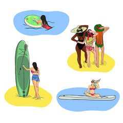 Vector flat summer time card with girls relaxing on the beach in ocean waves with calligraphy. Summer party. Hello summer greeting card in vector. Set of cute retro posters