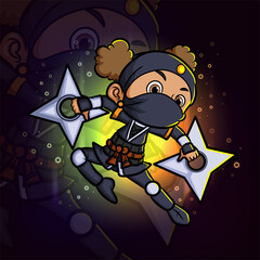 The ninja girl jump and hold the twin shuriken esport mascot logo design