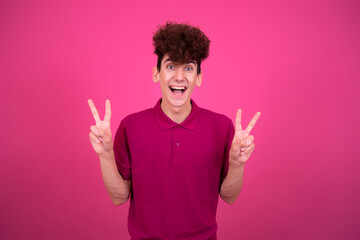 Funny guy on a pink background.	