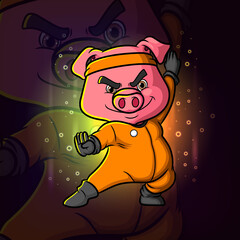 The cute professional kung fu pig esport mascot logo design