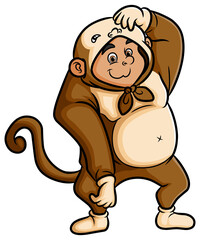 The cute man with a monkey costume is showing off