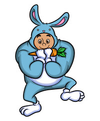 The cute man is wearing rabbit costume while holding a carrot