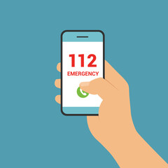 Flat design illustration of male hand holding touch screen mobile phone. Push button call number 112 emergency, vector - obrazy, fototapety, plakaty