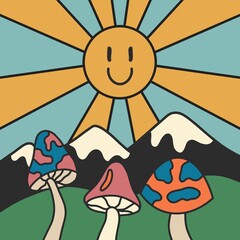 Funny retro sun, mountains and psychedelic mushrooms, hippie landscape vintage illustration. Fashion poster. Flat design, cartoon hand drawn, vector.