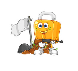 padlock army character. cartoon mascot vector