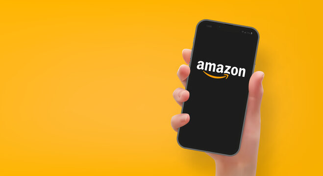 Woman hand holding the smartphone with logo Amazon, vector editorial illustration