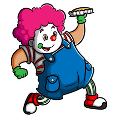 The young clown boy is serving the plate of pie
