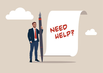 Entrepreneur holding holding pen thinking about 