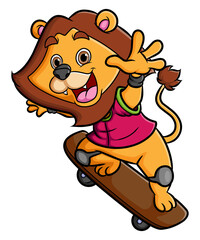 The happy lion is playing the skateboard and doing the attraction