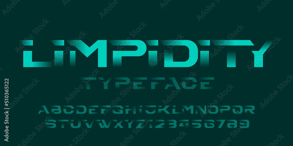 Poster limpidity alphabet font. futuristic letters and numbers with gradient elements. stock vector typefac