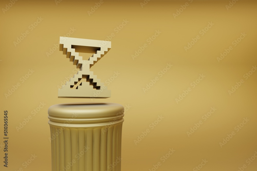 Poster Beautiful abstract illustrations Golden Golden Pixel hourglass symbol icons on a golden column and wonderful background. 3d rendering illustration. Background pattern for design.