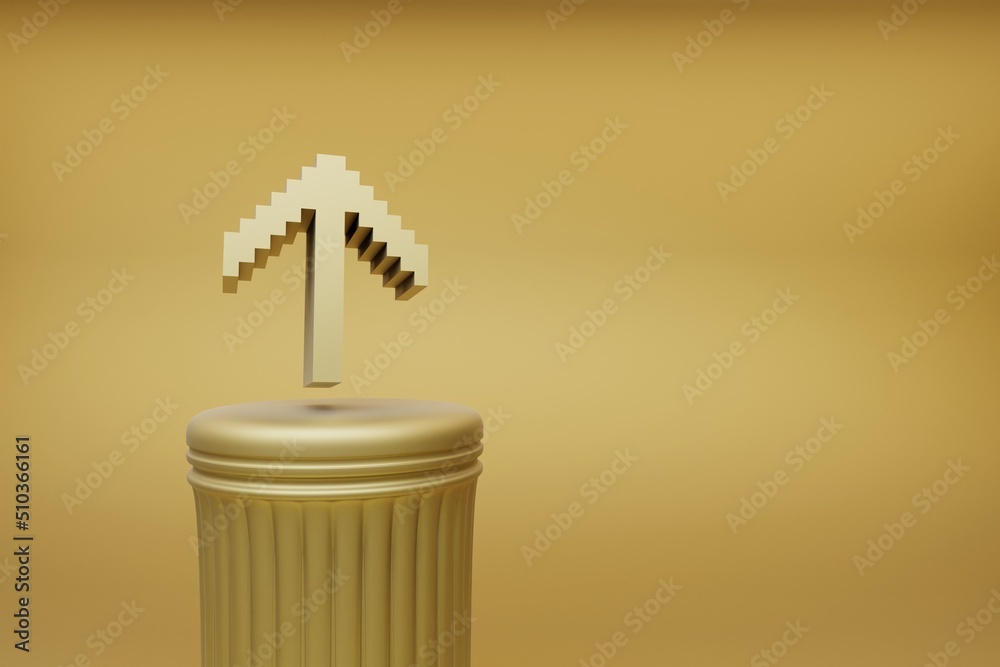 Poster Beautiful abstract illustrations Golden Golden Pixel Arrow UP symbol icons on a golden column and wonderful background. 3d rendering illustration. Background pattern for design.