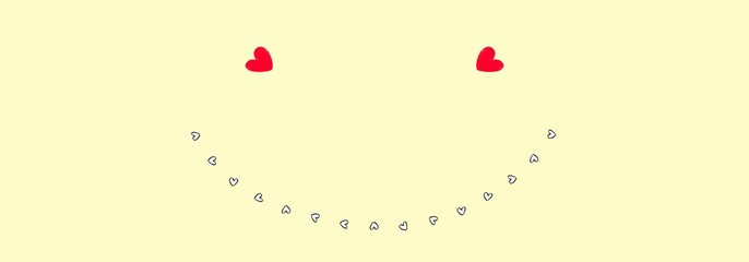 Illustration red hearts eyes and white smiley with teeth on light yellow background. 17 hearts