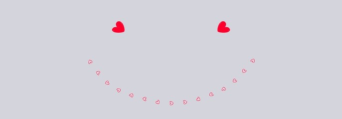 Illustration red hearts eyes and pink smiley hearts on light grey background. 17 hearts	