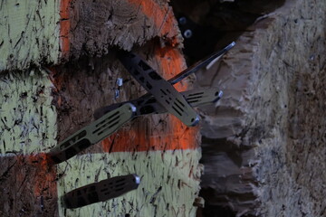 Almaty, Kazakhstan - 02.12.2019 : Throwing knives at a wooden target in a training club.