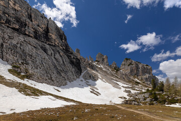 Wide angle view of an alpine valley, with naked rock and peaks embraced by patches of snow, under a...