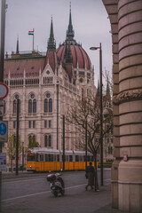 Fototapeta na wymiar The Budapest famous yellow tram.