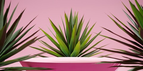 Fototapeta premium Pink round product display close up with agave plant on pastel background. 3d rendering