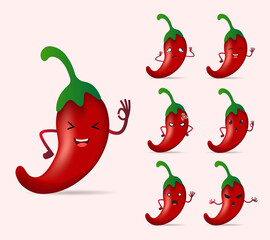 Cute red chilli character design icon with many different expression. Collection of red hot chilli pepper design icon