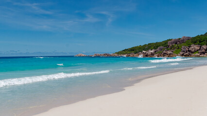 Fototapeta na wymiar View of the magnificent beach of Petite Anse on the Isle of La Digue, Seychelles
