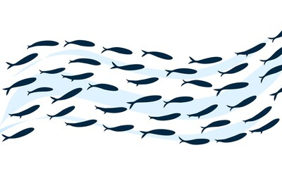Ocean fish waves. small fish colony swimming in the blue sea. Logo template design. Isolated on a white background. Vector illustration.