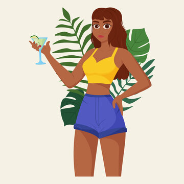 Beautiful woman drinks refreshing cocktail. Exotic tropical plants. Summer beverage and drink concept. Flat vector Illustration