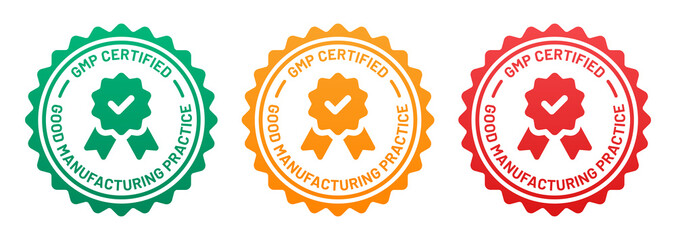 GMP certified label vector badge. Good manufacturing practice stamp sign.