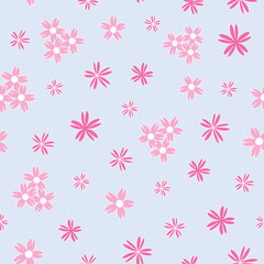 Vector blue background white pink cherry tree flowers and cherry blossom sakura flowers. Seamless pattern background
