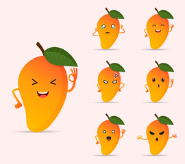 Collection of mango fruit cartoon character design icon. Happy, angry and sad different expression of ripe mango fruit vector.