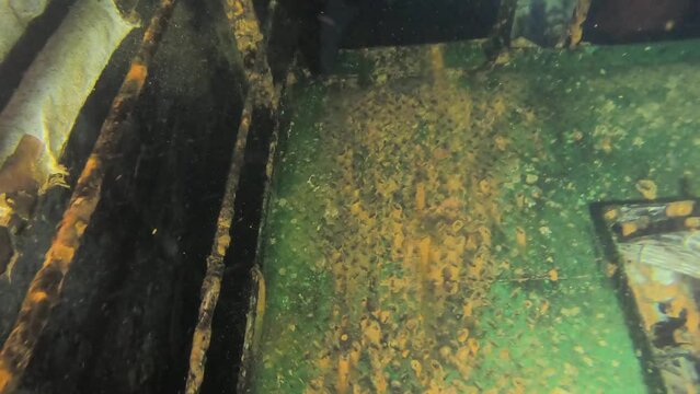 Scuba Divers Swims On The Shipwreck Swedish Ferry Zenobia. Wreck Diving in Larnaca, Cyprus.