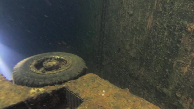 Scuba Divers Swims On The Shipwreck Swedish Ferry Zenobia. Wreck Diving in Larnaca, Cyprus.