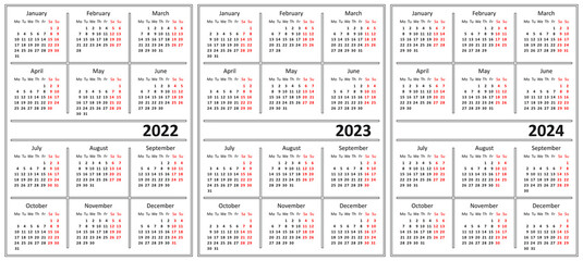 Template of a calendar of white color. Calendar for 2022, 2023 and 2024. Week starts on Monday. 
