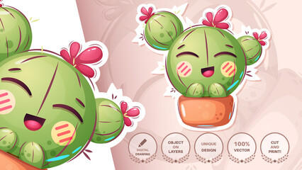 Cute cartoon cactus - funny sticker © rwgusev