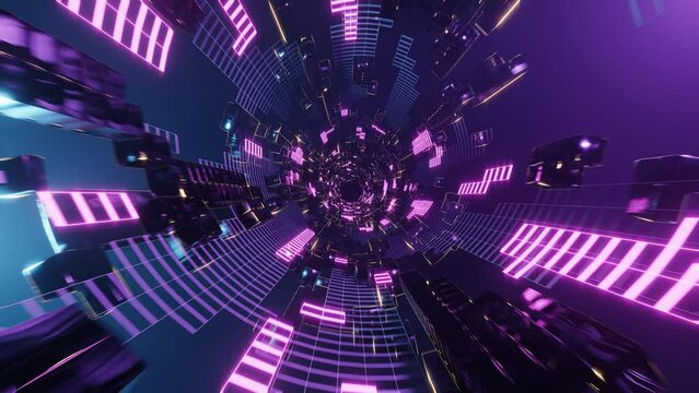 Sci-fi tunnel with neon lights. Abstract high-tech tunnel as background in the style of cyberpunk or high-tech future.  3d rendering illustration. Loops video.