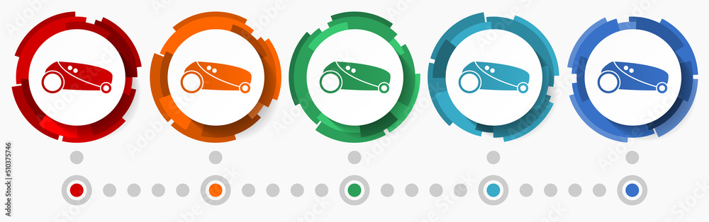 Aufkleber robot, automatic grass mower concept vector icon set, flat design pointers, infographic template