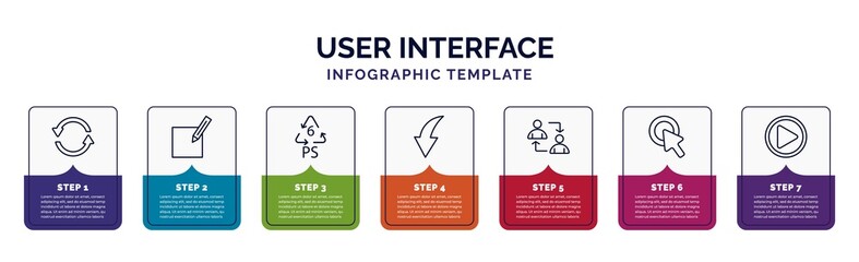 infographic template with icons and 7 options or steps. infographic for user interface concept. included refresh button, make, 6 ps, curve arrow, exchange personel, mouse clicker, play video button - obrazy, fototapety, plakaty