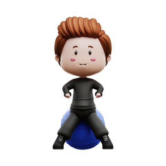 3d rendering of cute boy character sitting on a gym ball