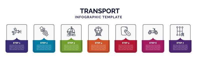 infographic template with icons and 7 options or steps. infographic for transport concept. included car painting, seatbelt, sailing boat with veils, train front view, hands free device, quad bike, © IconArt