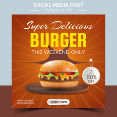 Food or culinary social media marketing templates. editable square social media posts for promotion. vector illustration with realistic burger and geometric podium