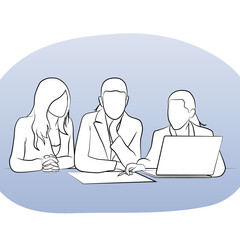 Business people discussing on table. Line art.